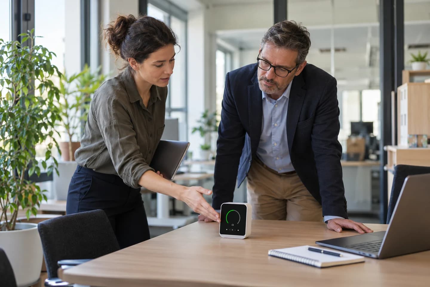 Una consultora coloca un instrumento de medición en una oficina.