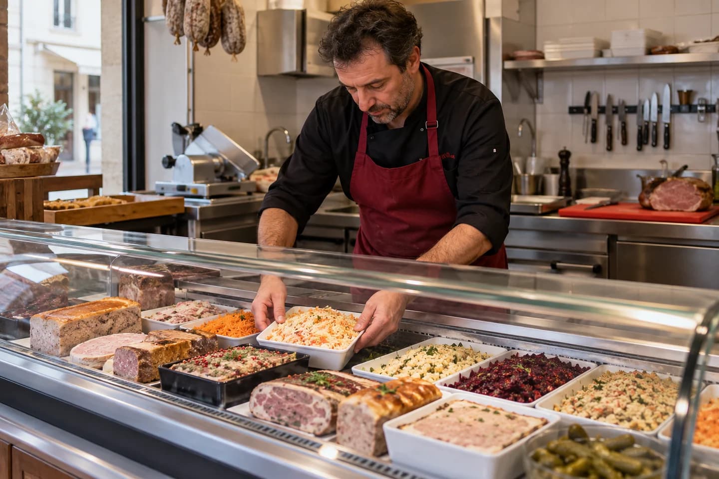 Un traiteur dispose des plats dans une vitrine réfrigérée.