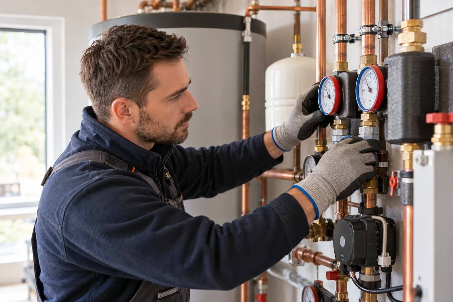 Chauffagiste contrôlant un circuit hydraulique