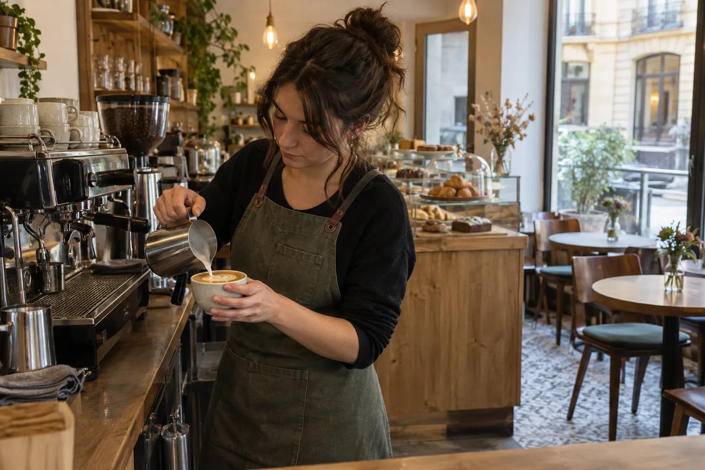 Une barista prépare une boisson derrière le comptoir d’un coffee-shop.