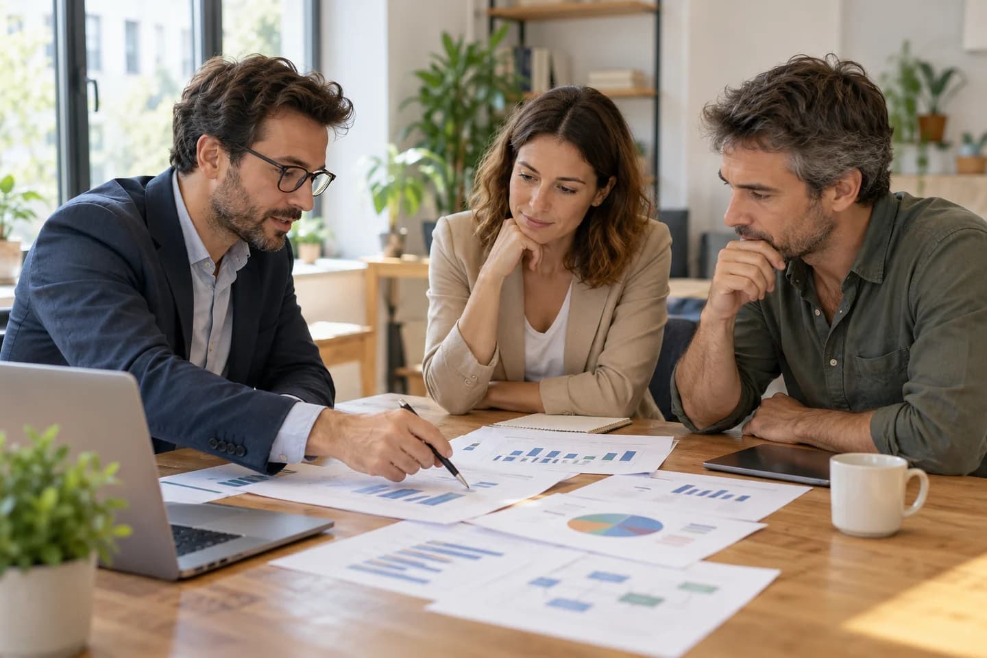 Des consultants étudient un projet avec un dirigeant autour d’une table.