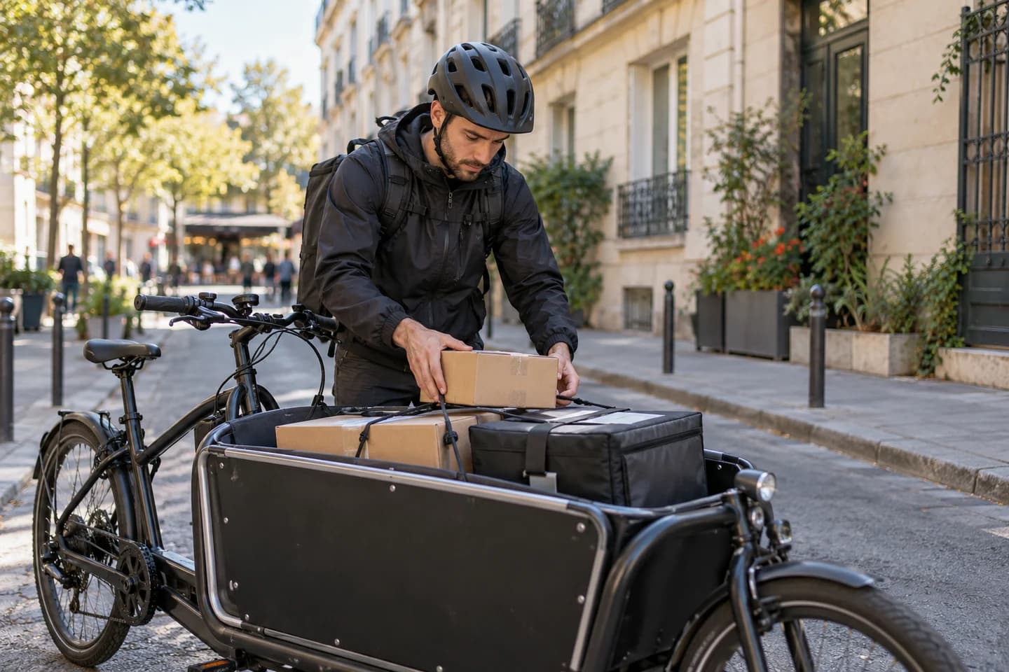 Un coursier prépare un colis sur un vélo cargo à l’arrêt.