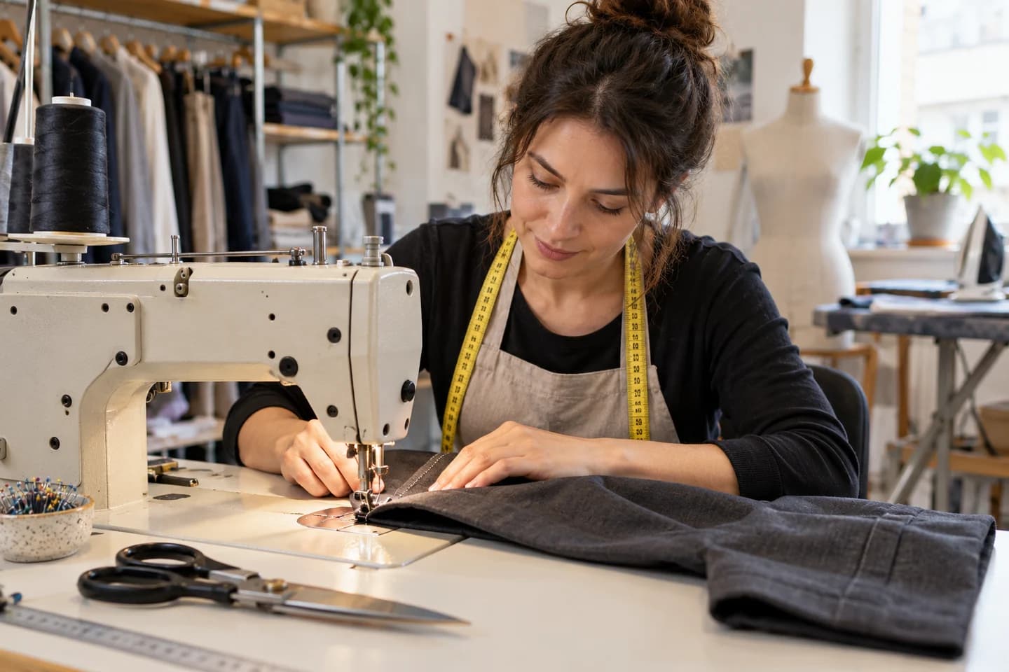 Couturière travaillant un ourlet à la machine