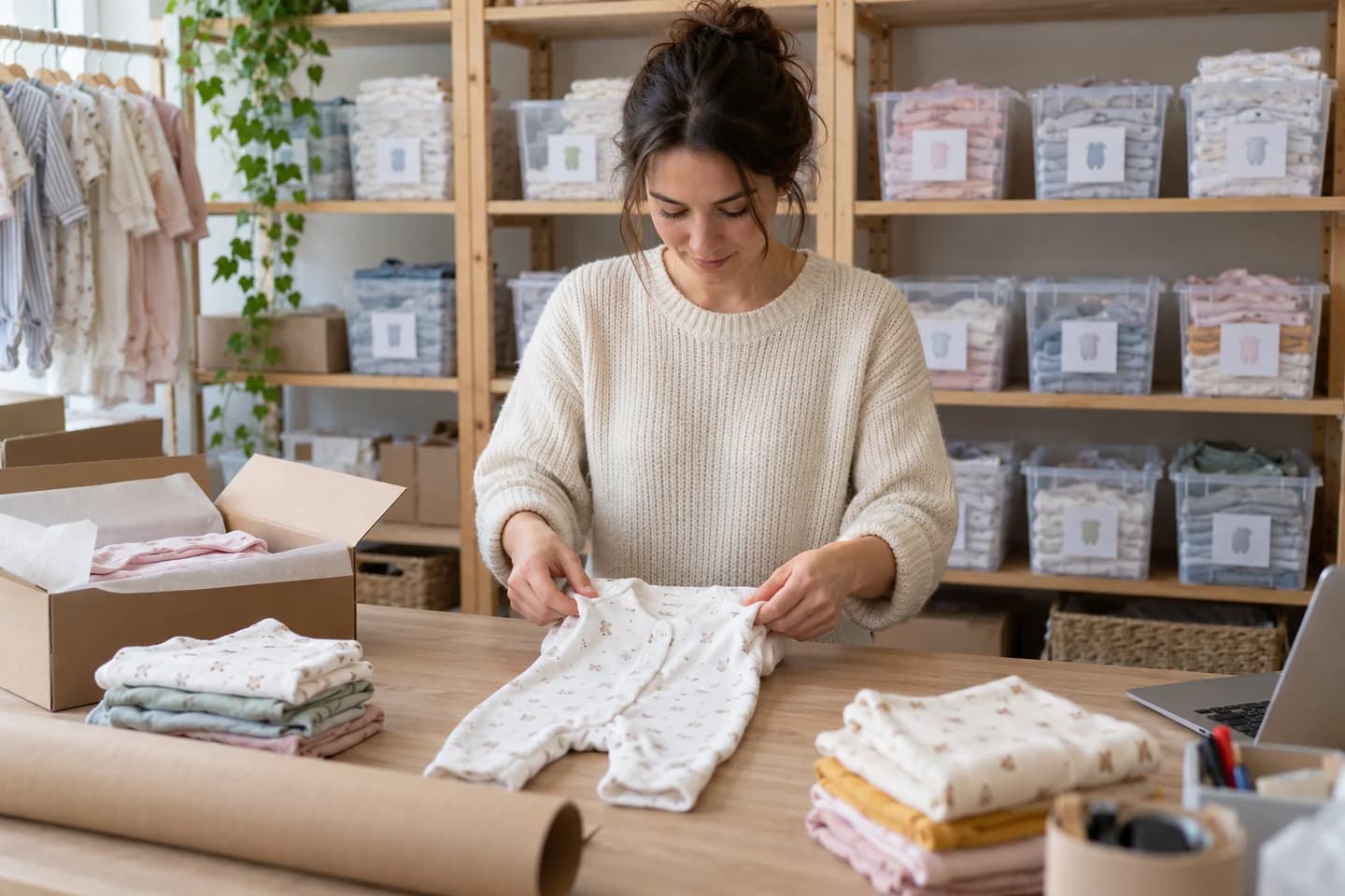 Une commerçante prépare une commande de vêtements pour bébé.