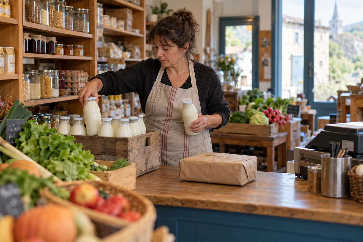 A grocer stocks shelves in a small food shop.