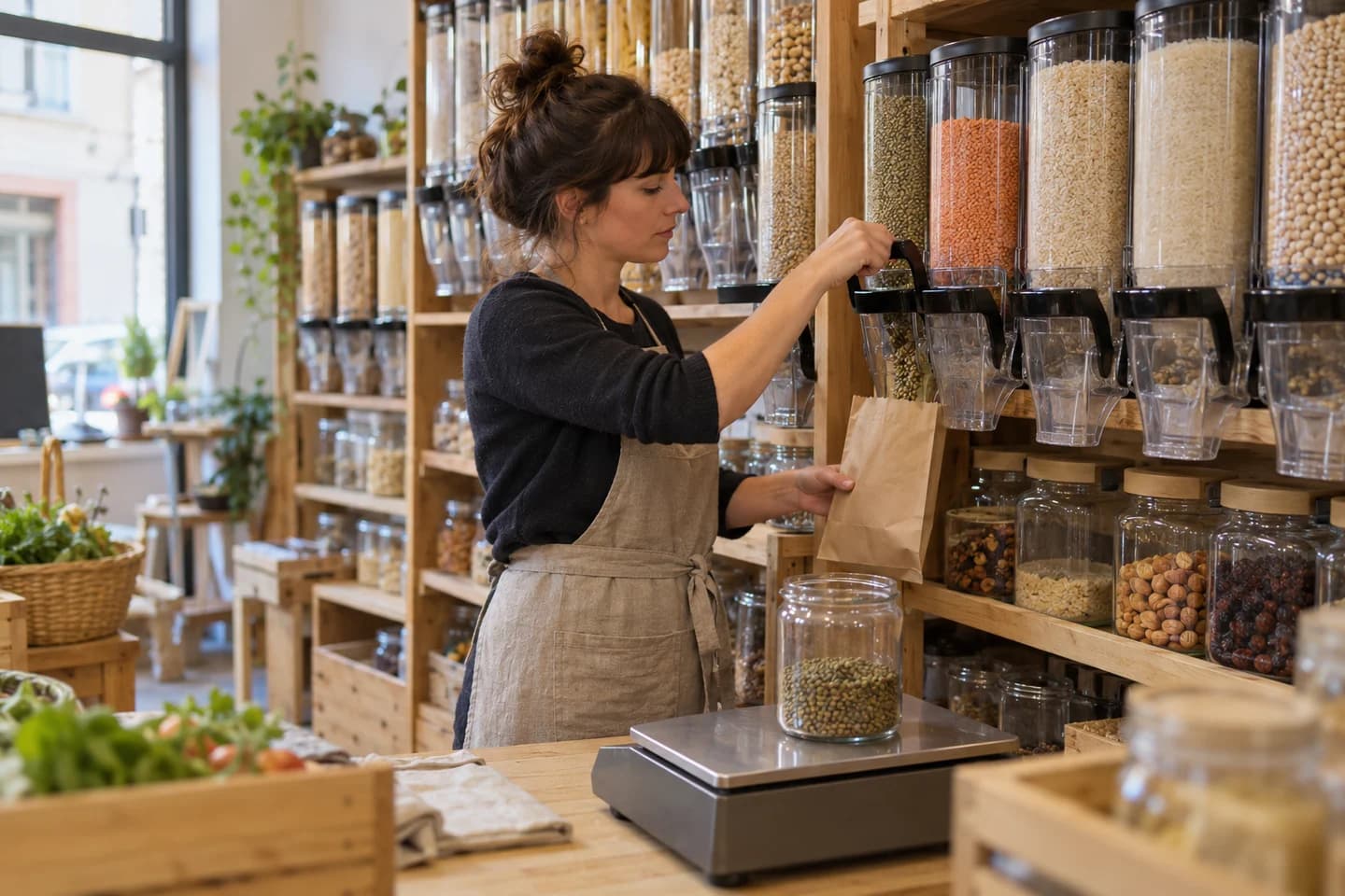 Une épicière pèse des denrées sèches dans une boutique de vrac.