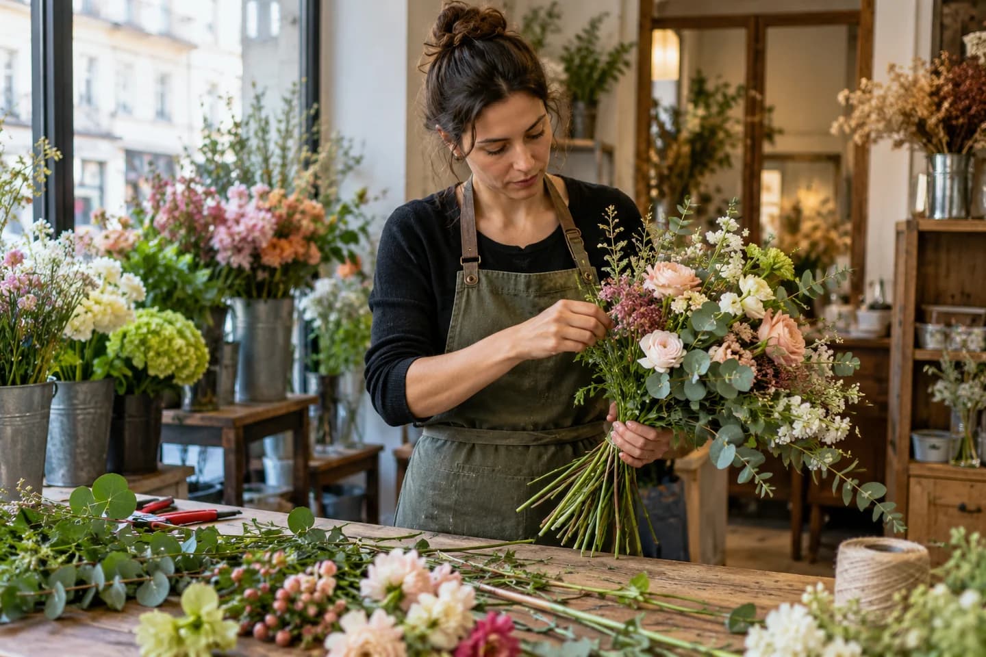 Une fleuriste compose un bouquet de fleurs fraîches dans son atelier.