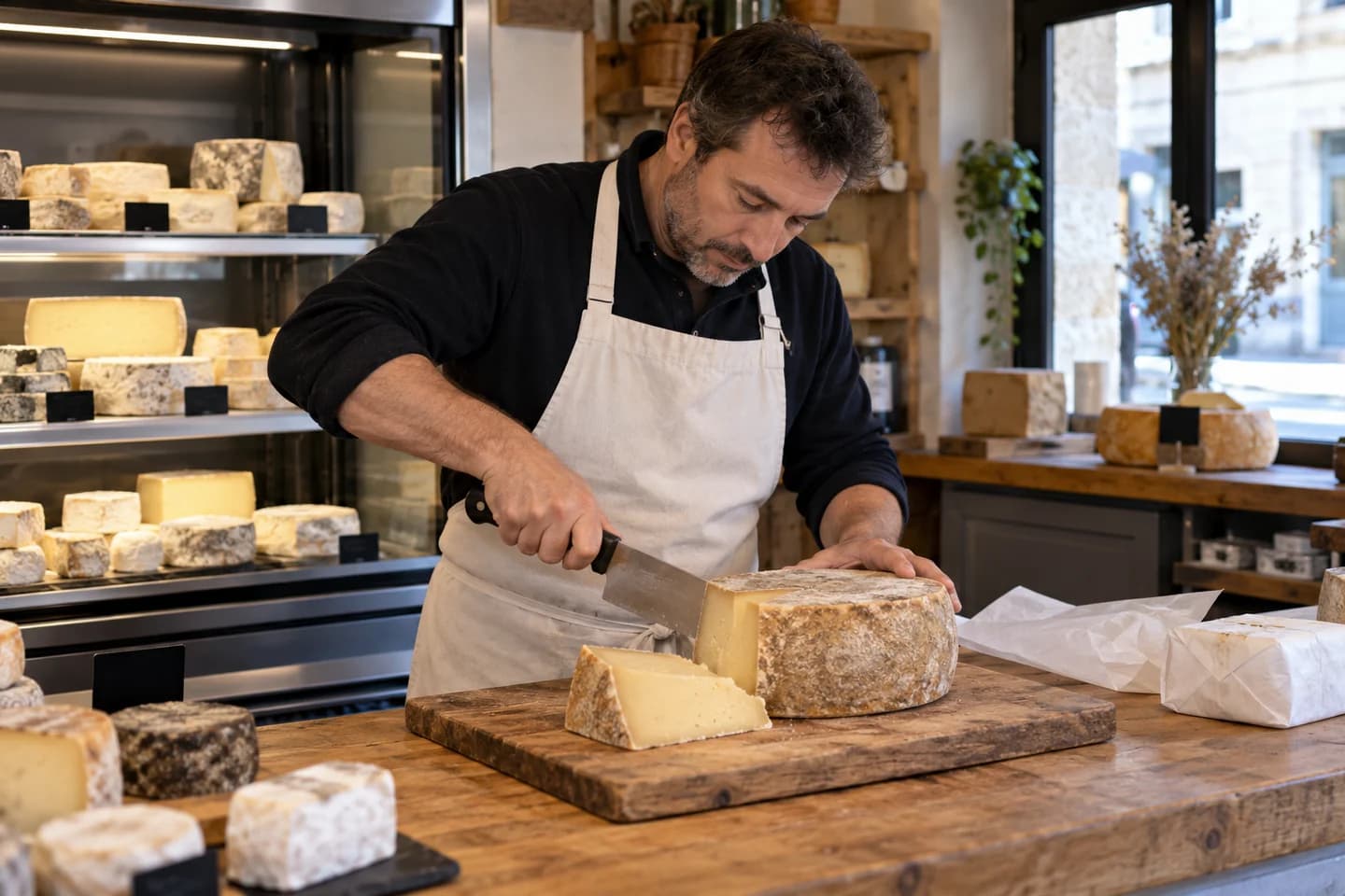 Une fromagère prépare une portion devant une vitrine de fromages.