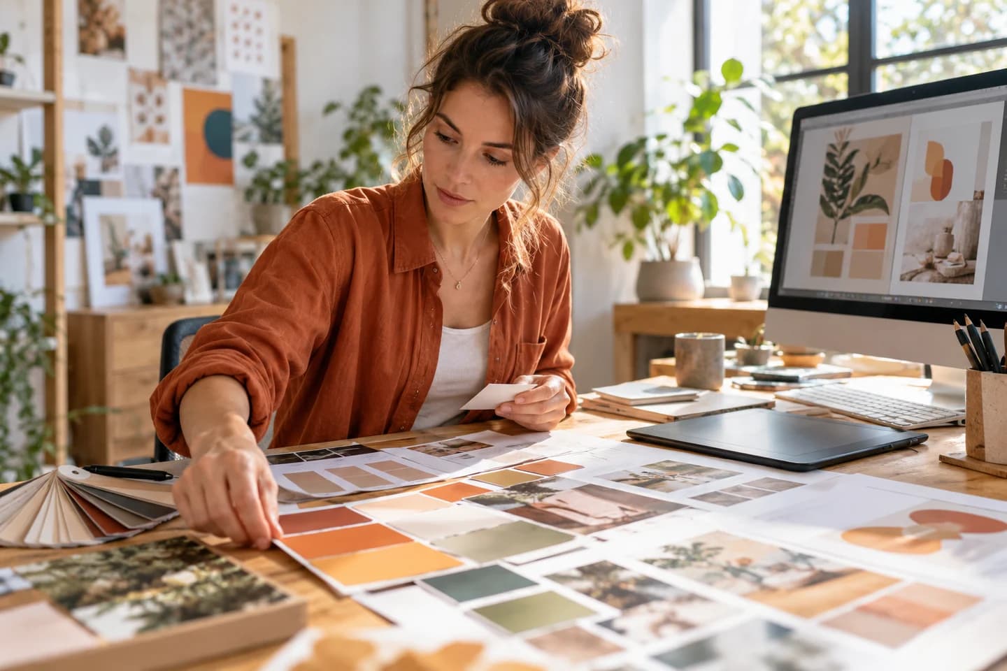 Un graphiste prépare des recherches visuelles et des échantillons de couleurs.