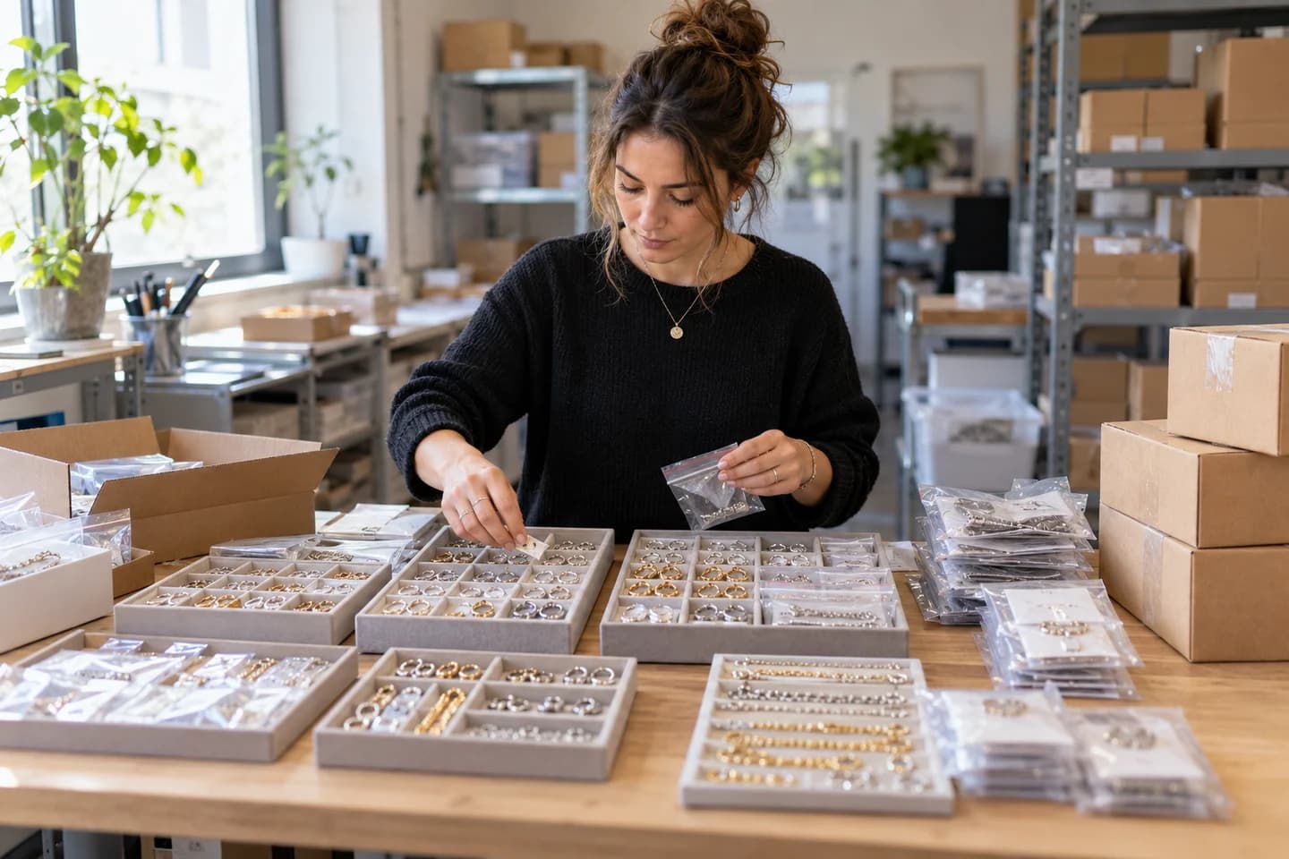 Une grossiste trie des lots de bijoux fantaisie.