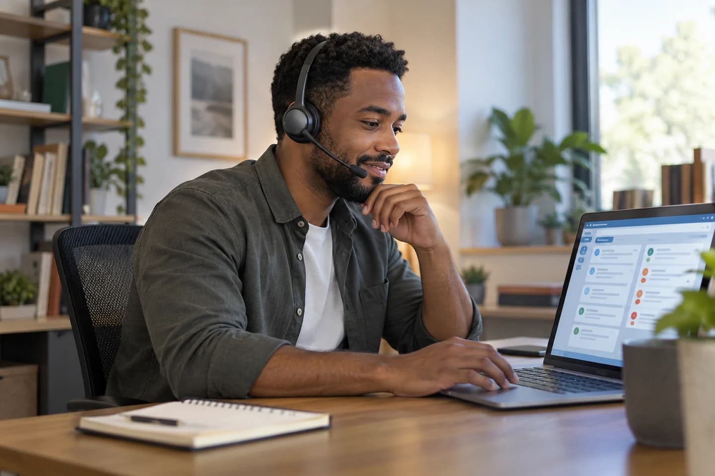 Un professionnel traite des demandes clients avec un casque à son bureau.
