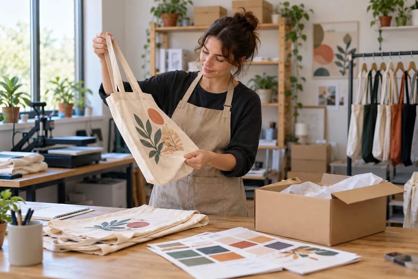 Une créatrice contrôle un sac textile imprimé.