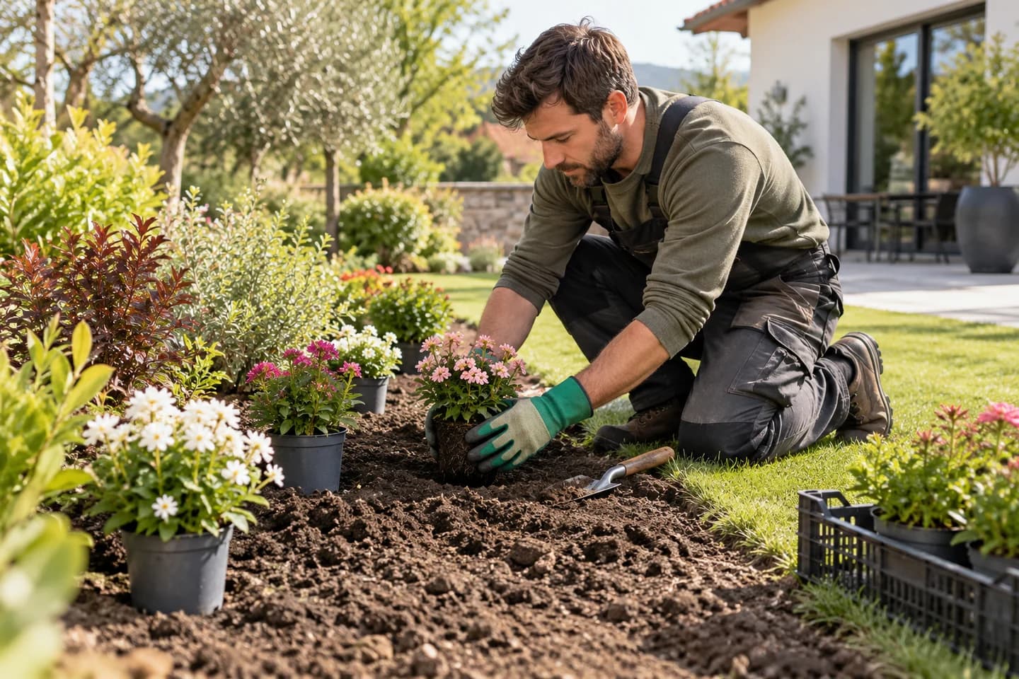 Paysagiste préparant un massif de plantes