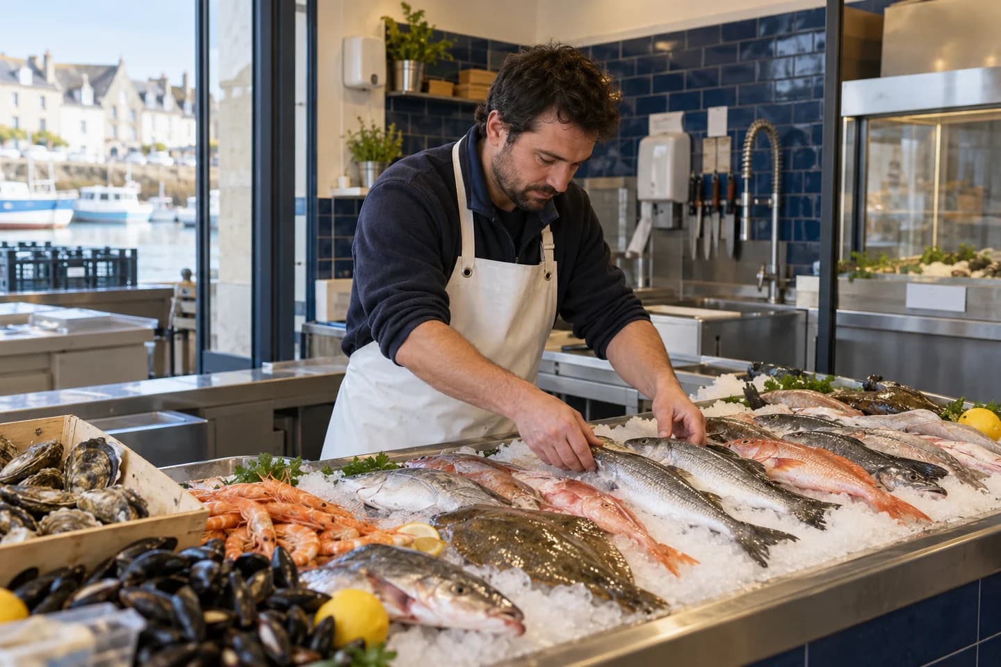 Un poissonnier prépare un étal de poissons sur glace.