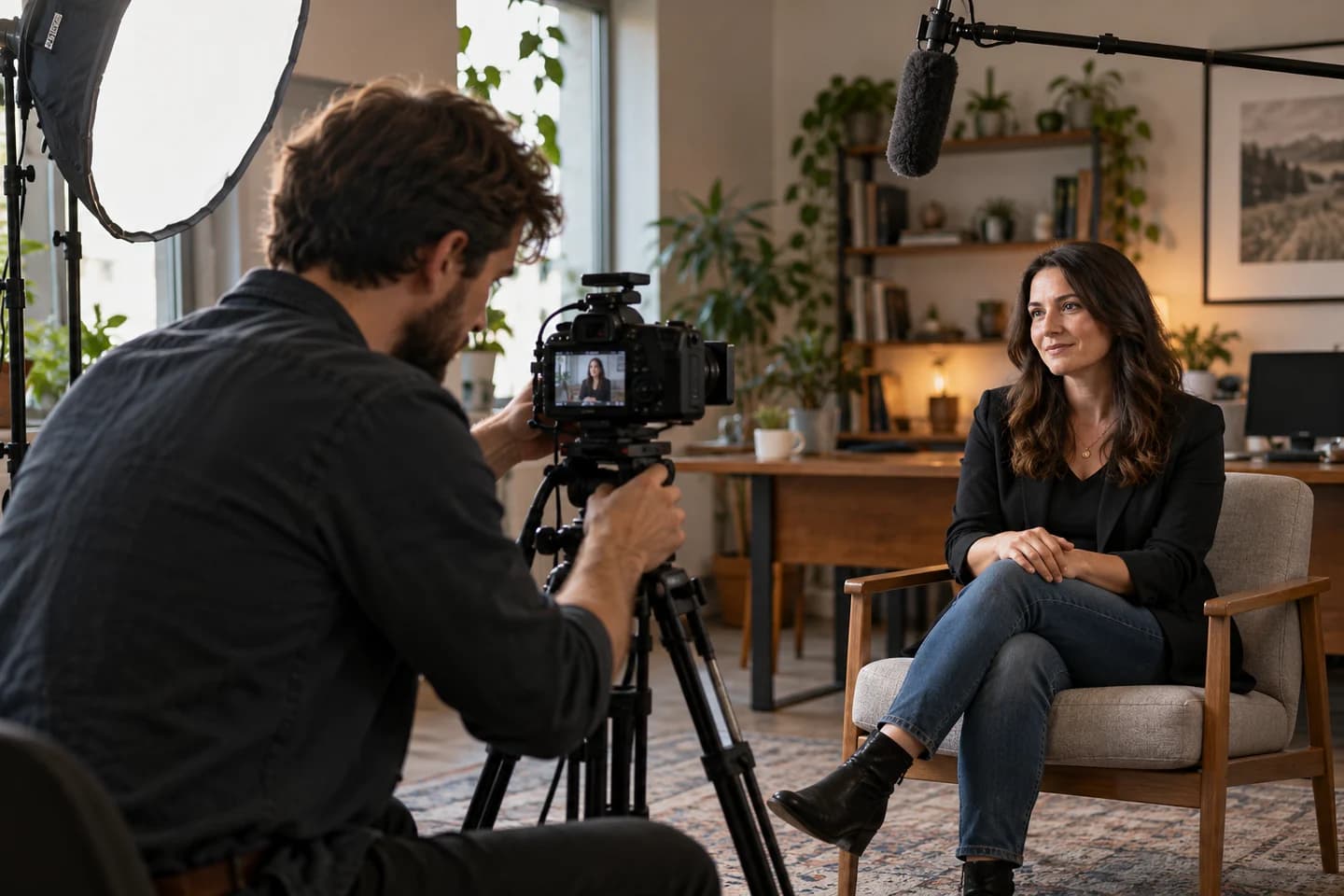 Un videógrafo prepara una entrevista con cámara e iluminación.