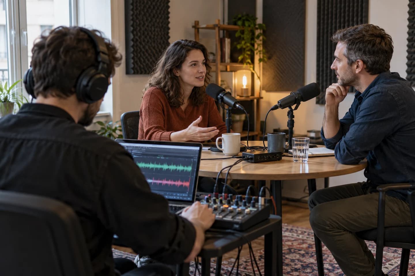 Un opérateur enregistre deux intervenants dans un studio audio.