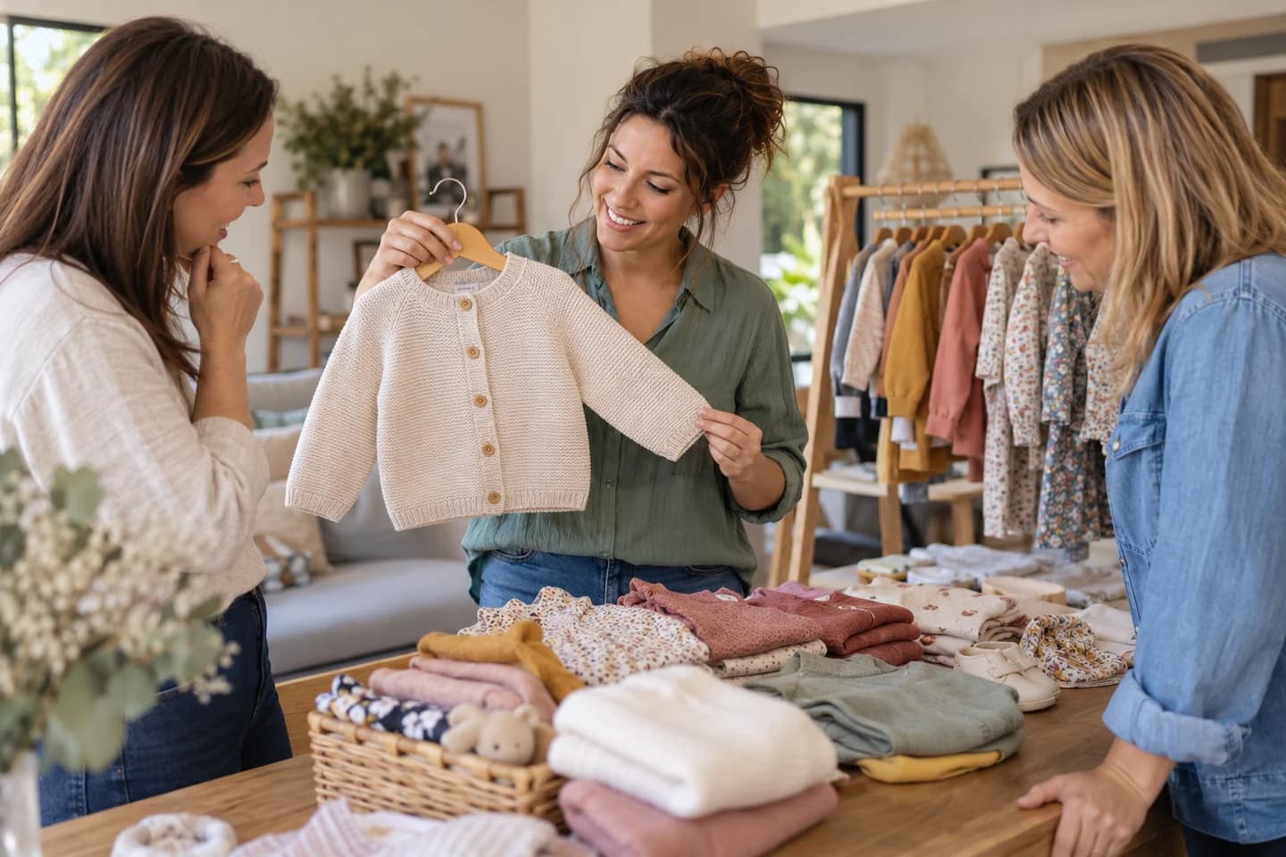 A seller shows children’s clothing to adults.