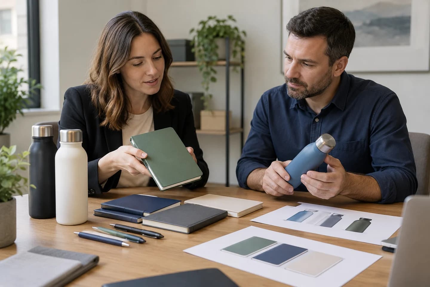 Un distributeur présente des échantillons de cadeaux d’entreprise.