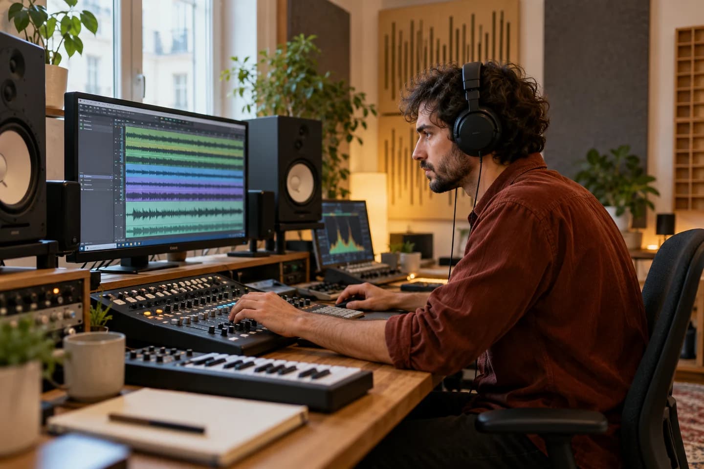 Un professionnel monte une création sonore dans son studio.
