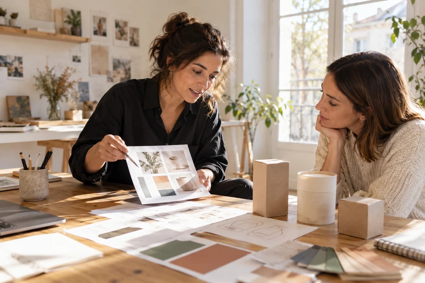 A consultant reviews materials and packaging with a client.