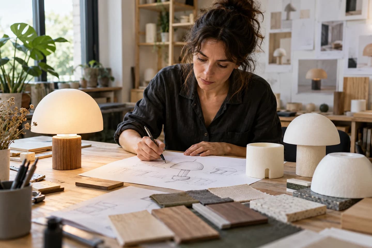Une designer dessine une lampe près de maquettes et matériaux.