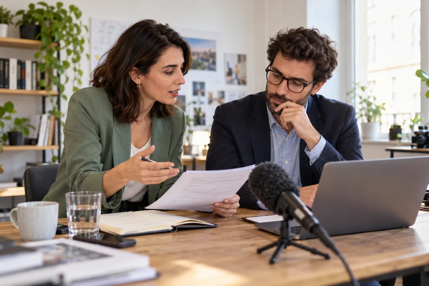 Une équipe de relations presse prépare une interview dans son agence.