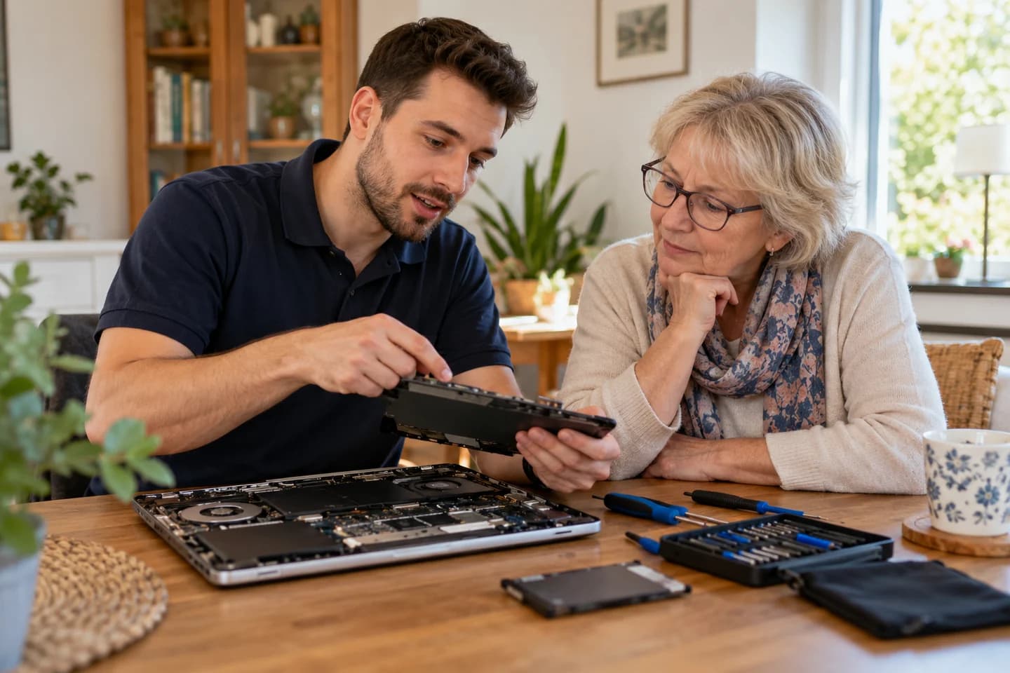 Un technicien intervient sur l’ordinateur d’un client à domicile.