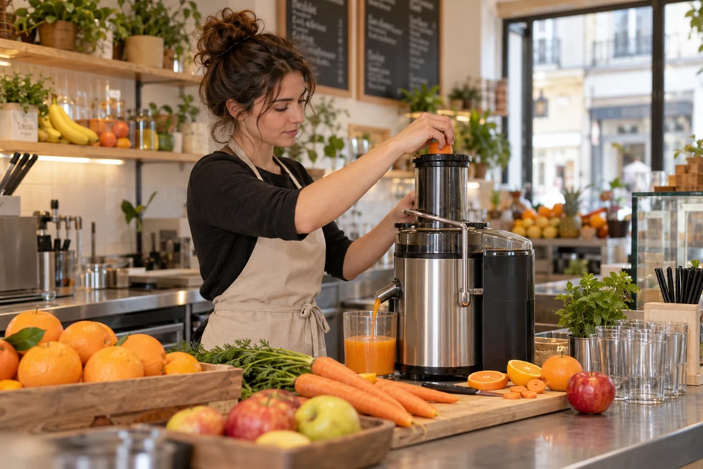 Une professionnelle prépare un jus frais derrière un comptoir.