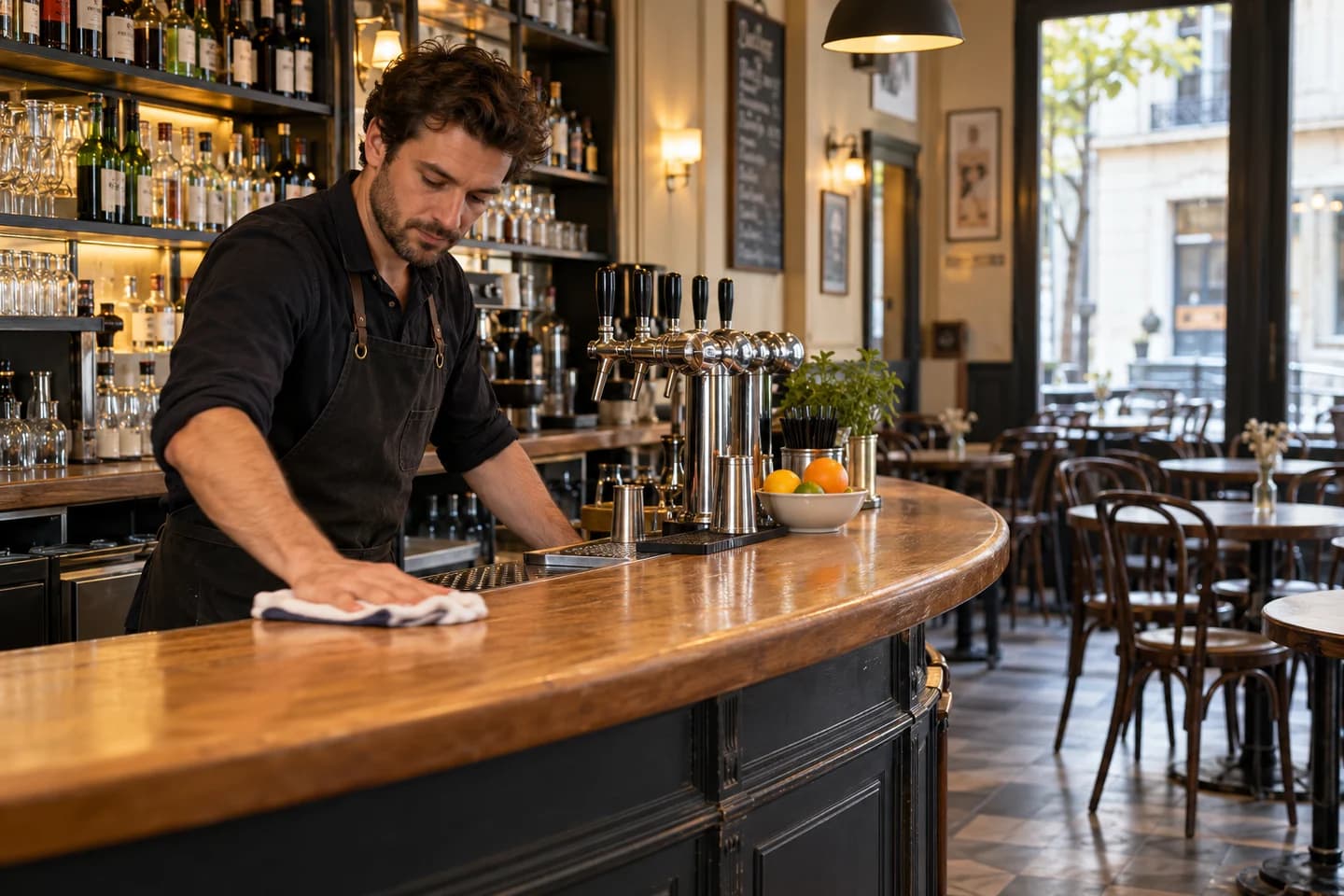 Un professionnel essuie le comptoir d’un petit bar.