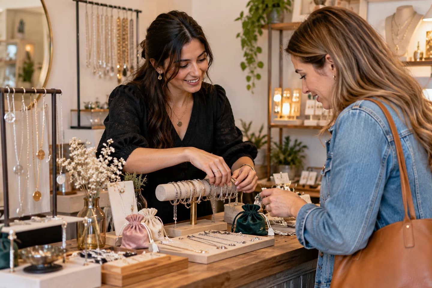 Une commerçante présente des bijoux fantaisie à une cliente.