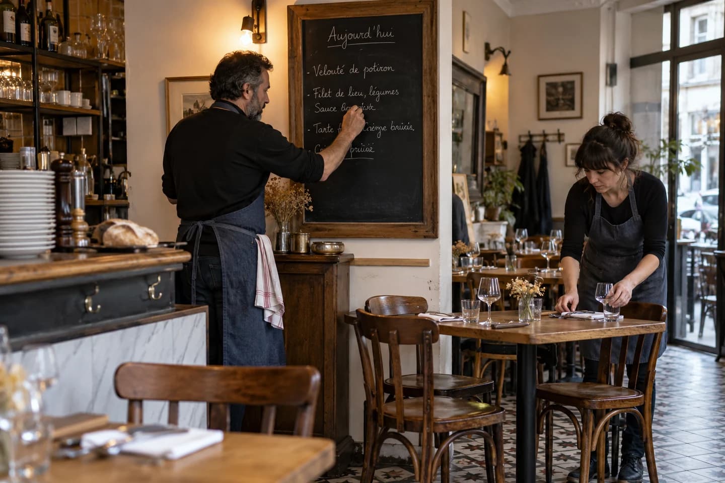 Une équipe organise la salle d’un bistrot de quartier.
