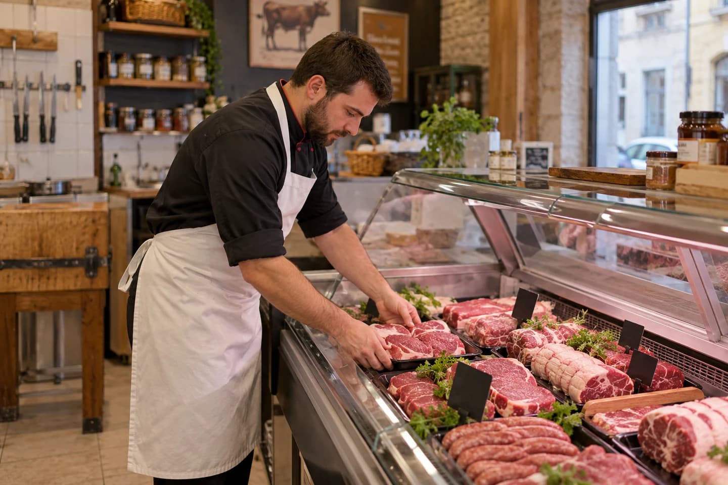 Un boucher organise les produits d’une vitrine réfrigérée.