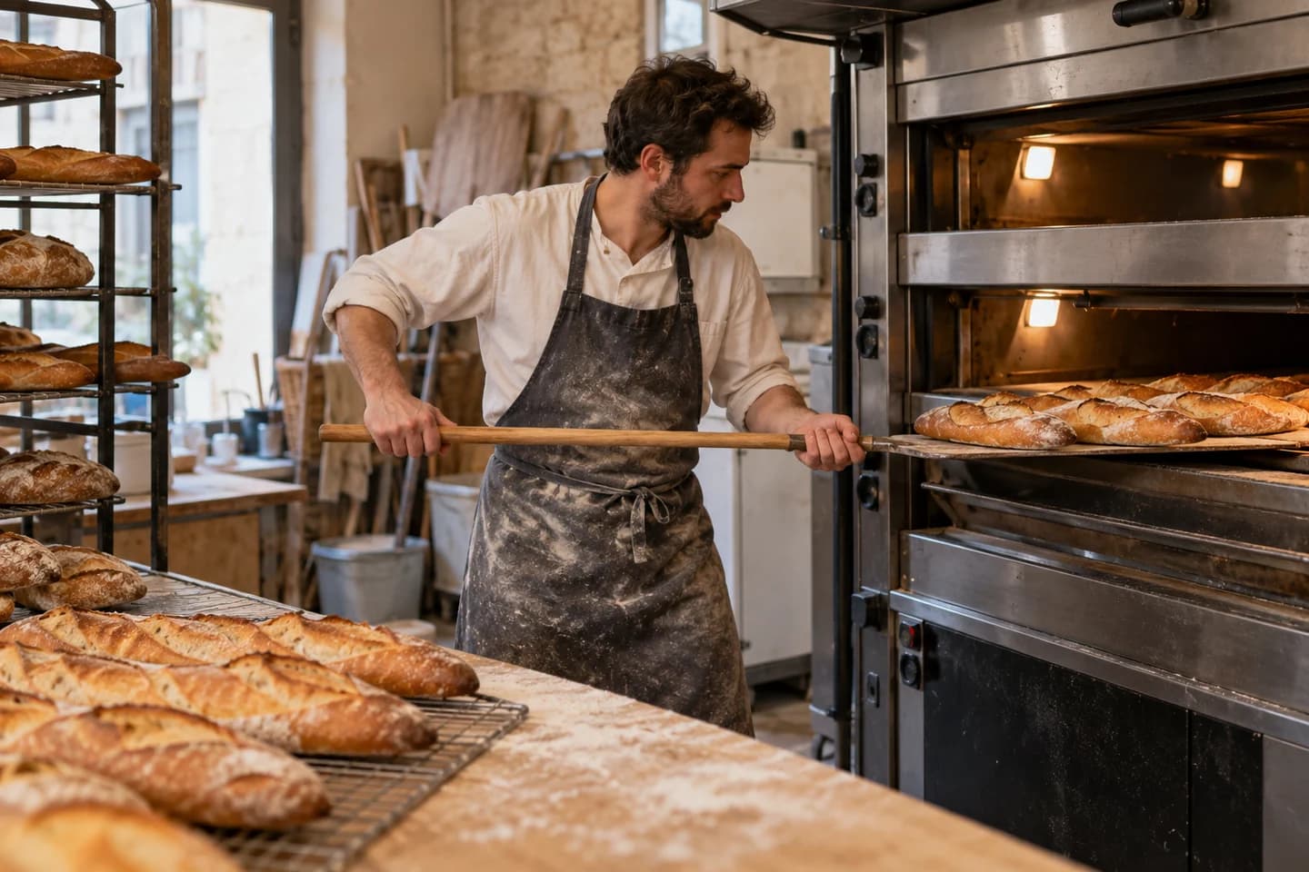 A baker works beside an oven and freshly baked bread.