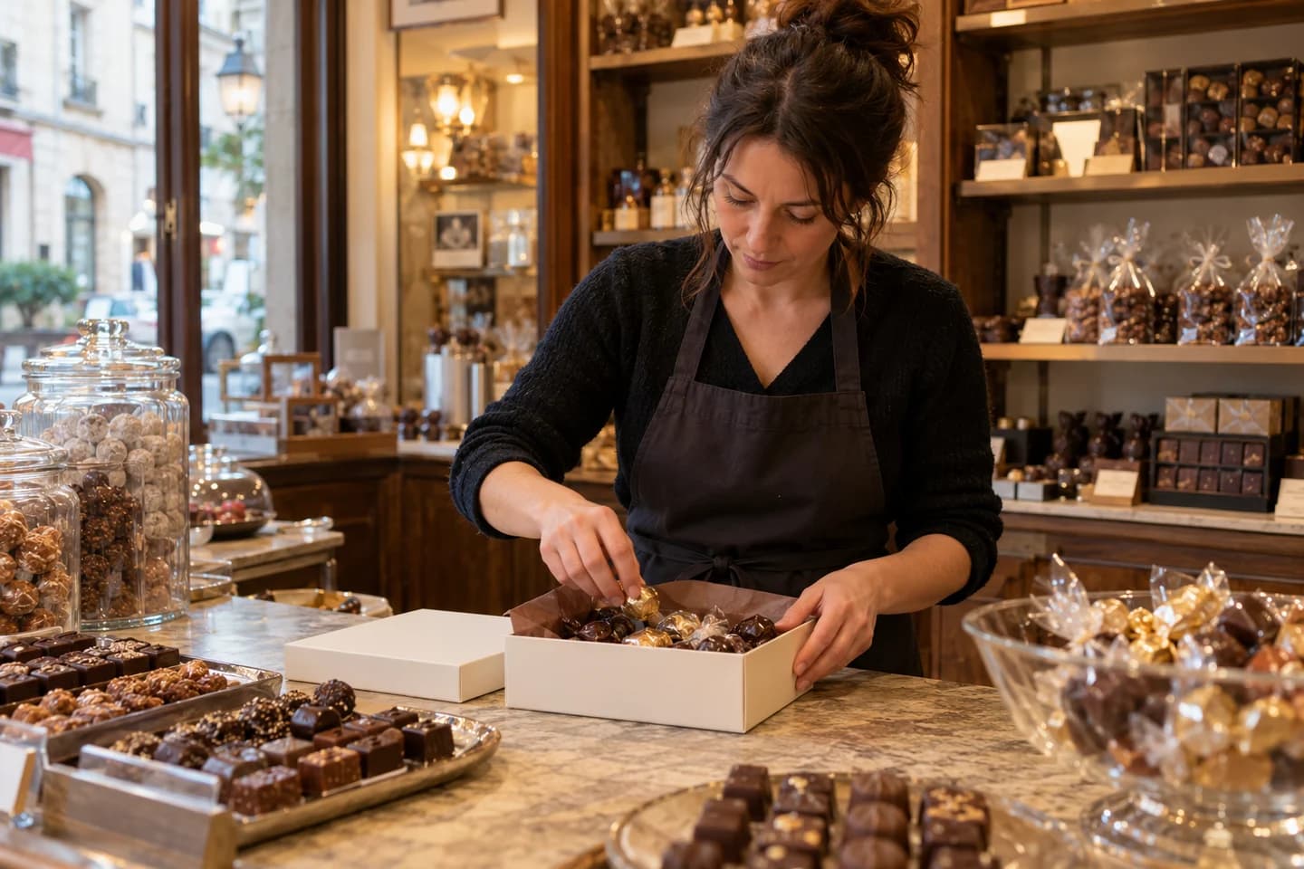 A shopkeeper prepares gifts in a confectionery shop.
