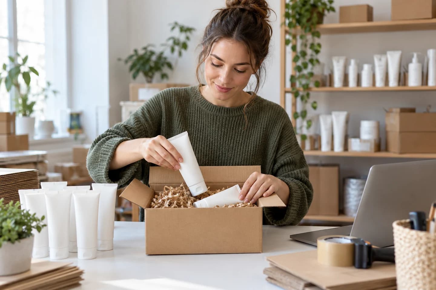 A retailer packs cosmetics for shipping.