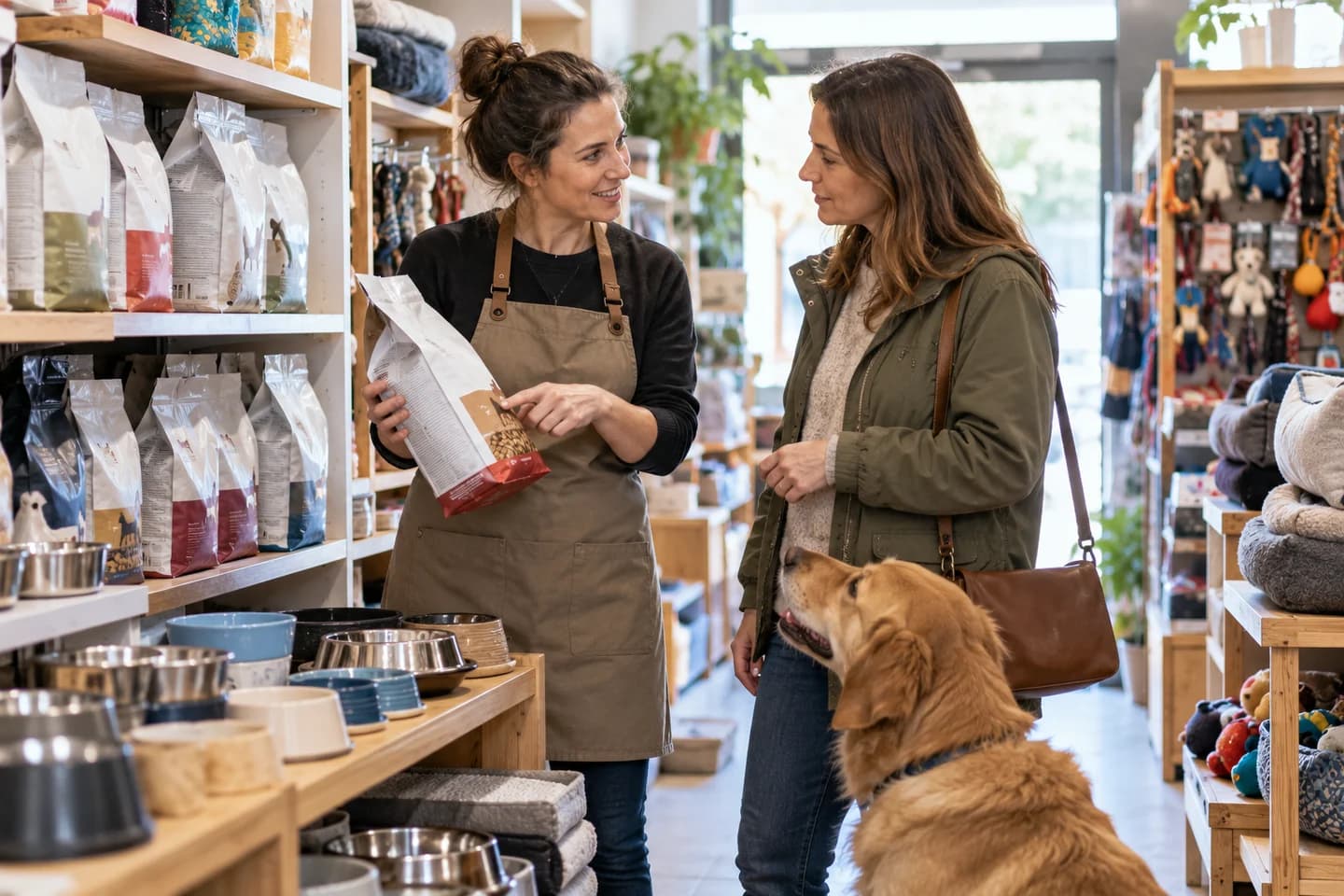 An assistant advises a pet-shop customer.
