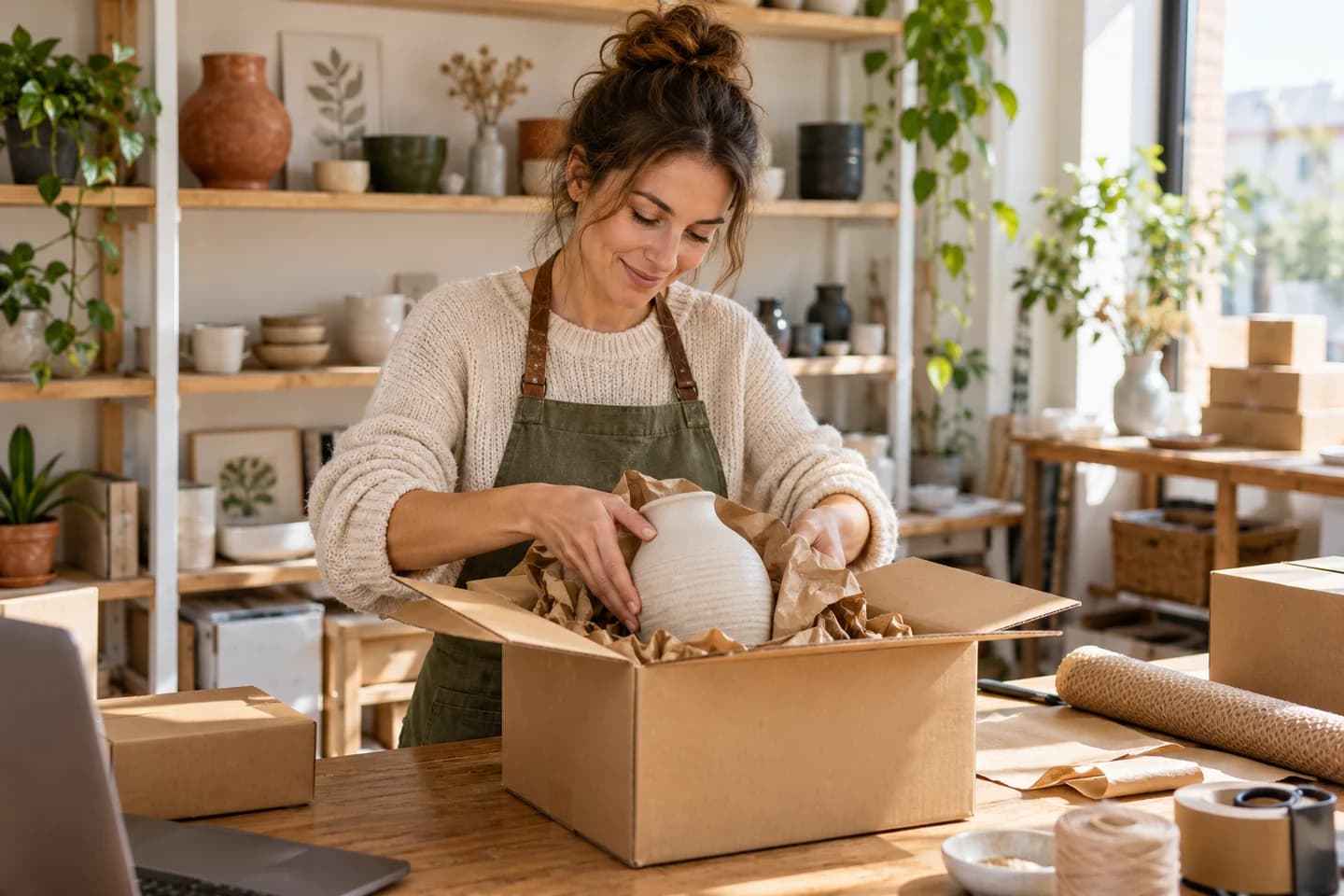 Une entrepreneuse emballe un objet de décoration pour une commande en ligne.