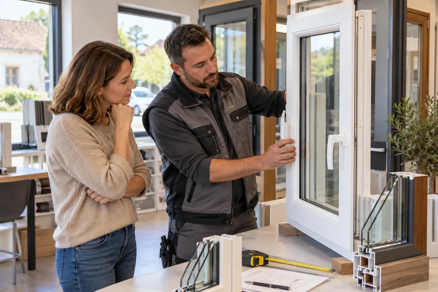 Installateur présentant une fenêtre PVC à une cliente