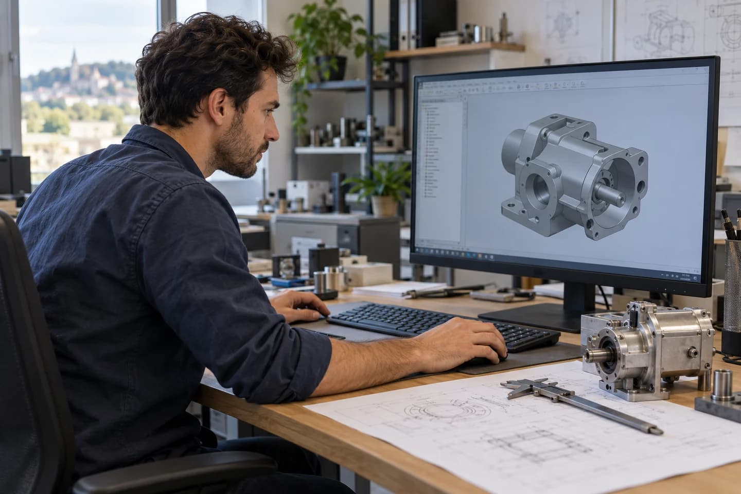 An engineer examines a mechanical model and a component at his desk.