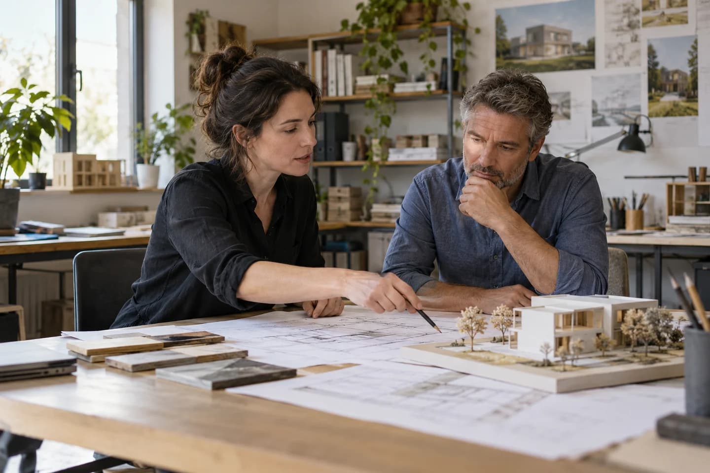 Un arquitecto revisa un esquema con un cliente.