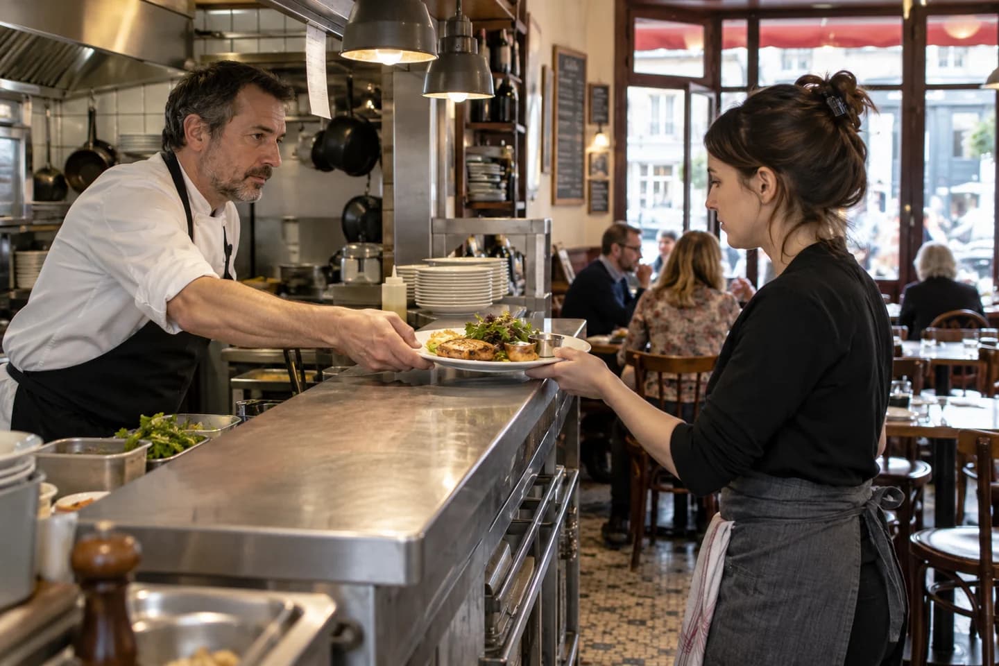 Un equipo prepara el servicio en una pequeña brasserie.