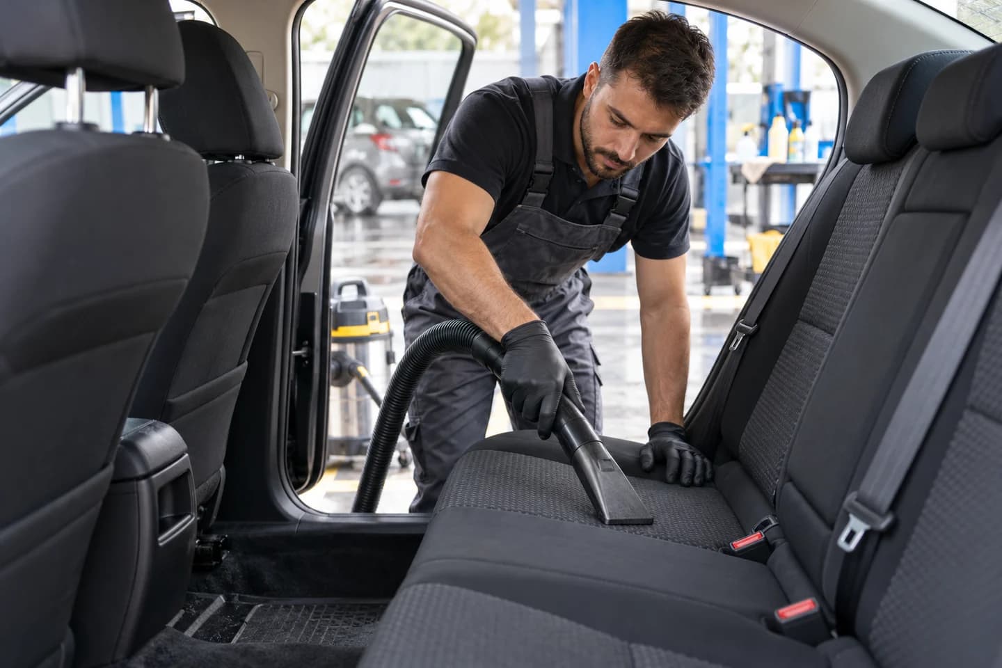 Un professionnel nettoie l’intérieur d’une voiture à l’arrêt.