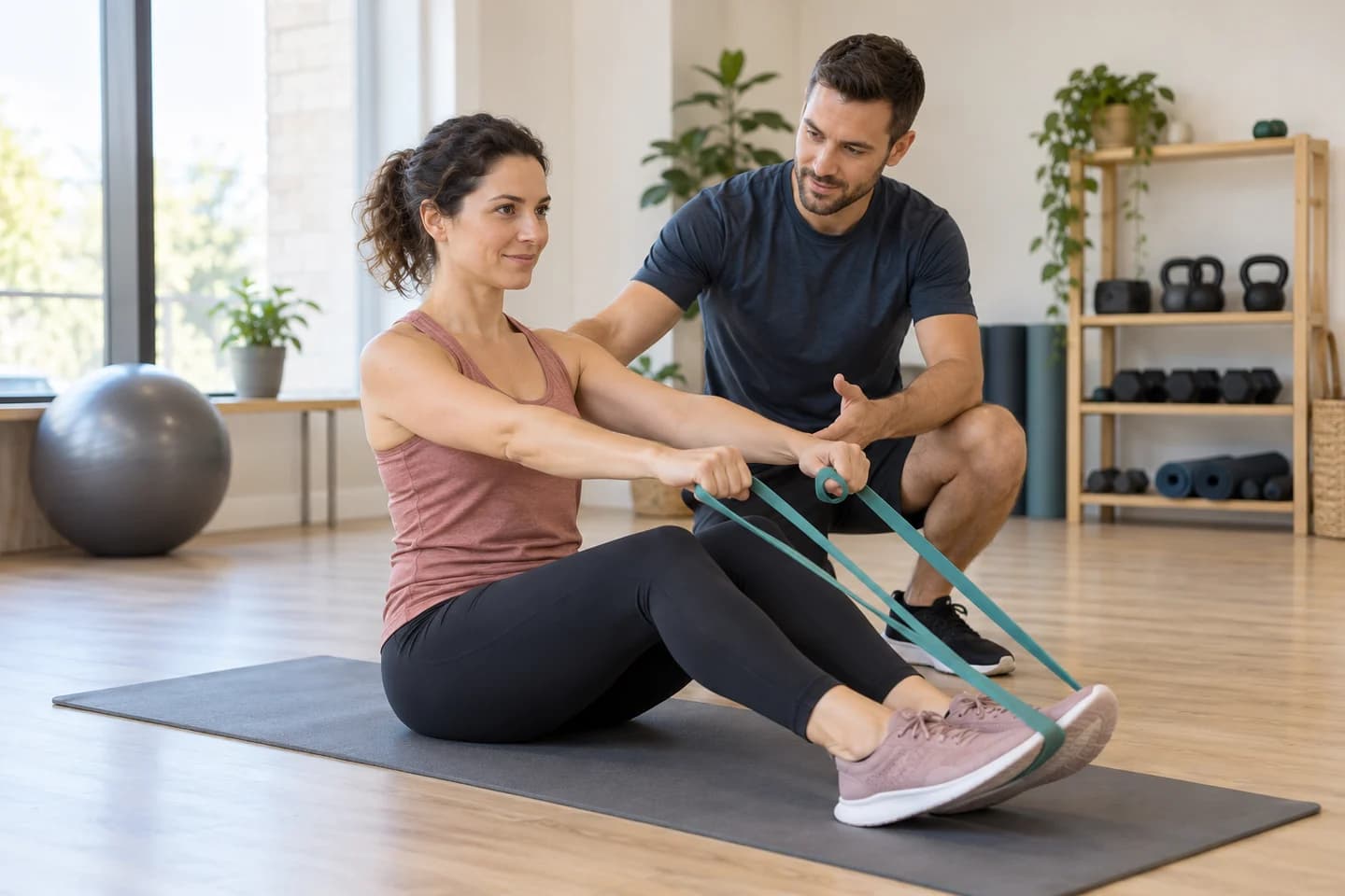 Coach accompagnant un exercice avec bande élastique