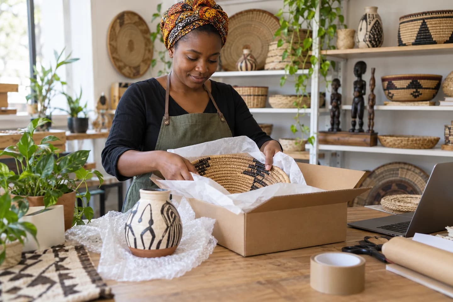 Une commerçante protège un panier artisanal pour expédition.