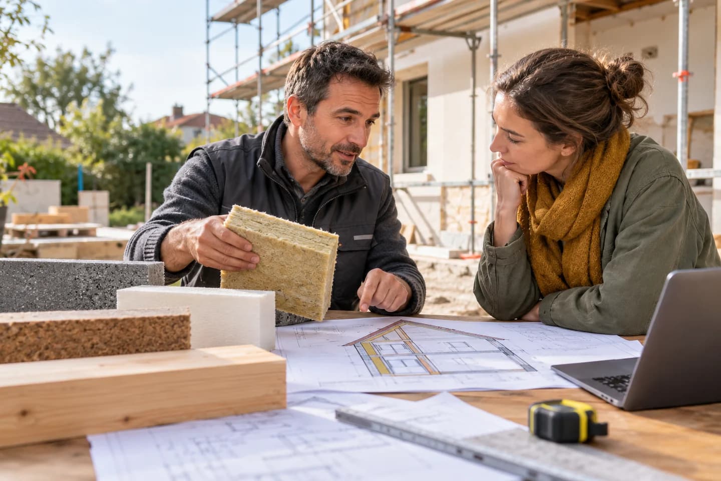 Consultant reviewing insulation samples with an owner