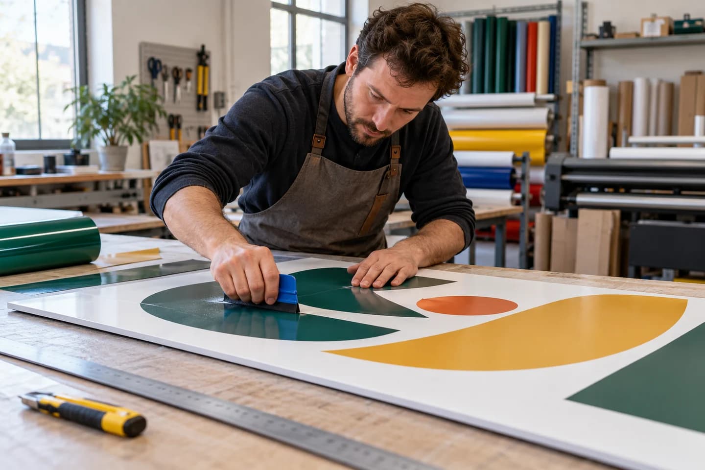 Sign maker preparing a display panel in a workshop