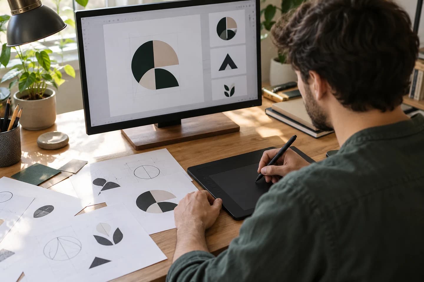 Un diseñador trabaja en bocetos de logotipo con tableta.