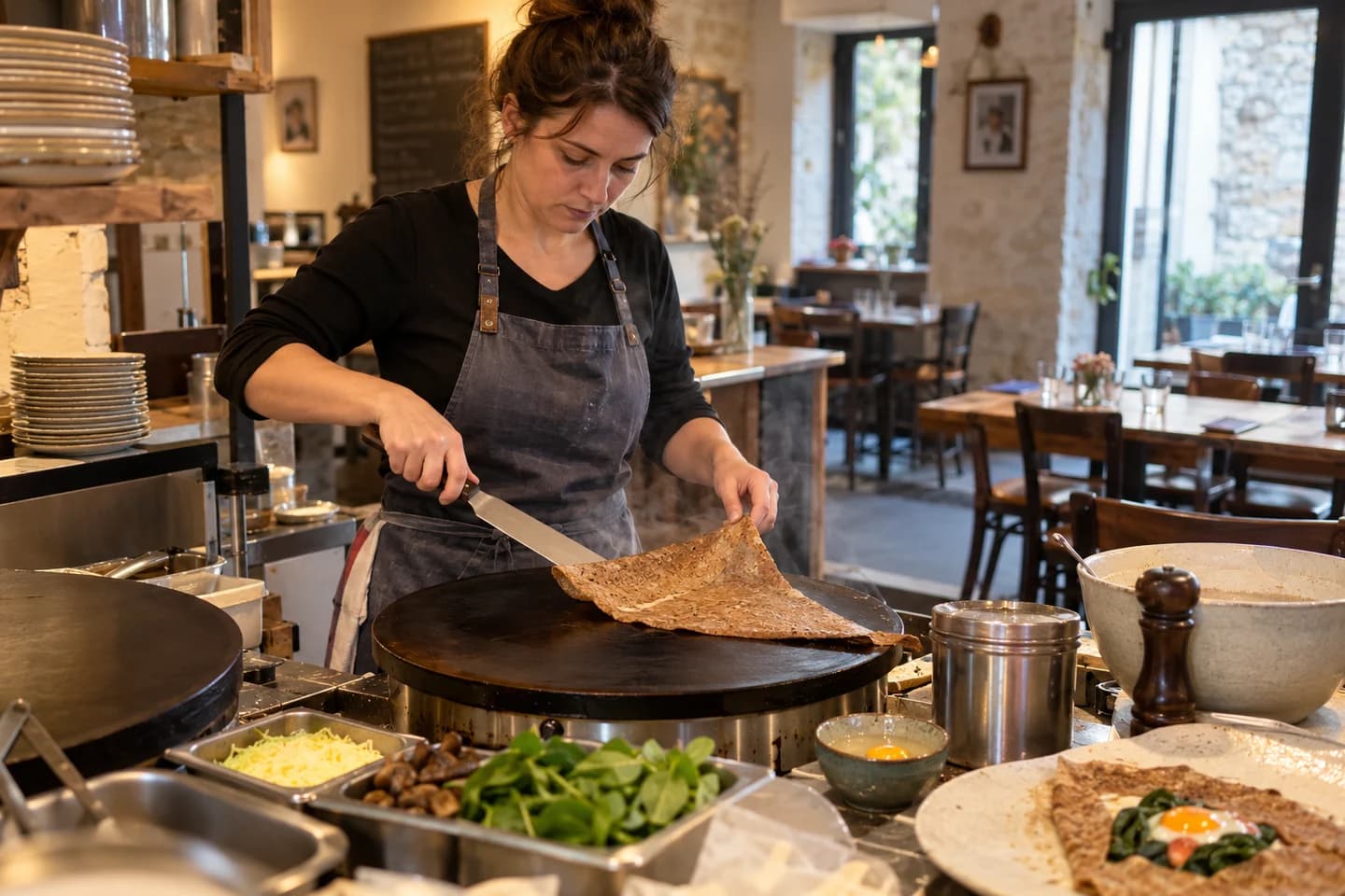 Une cuisinière prépare une galette sur une plaque de crêperie.