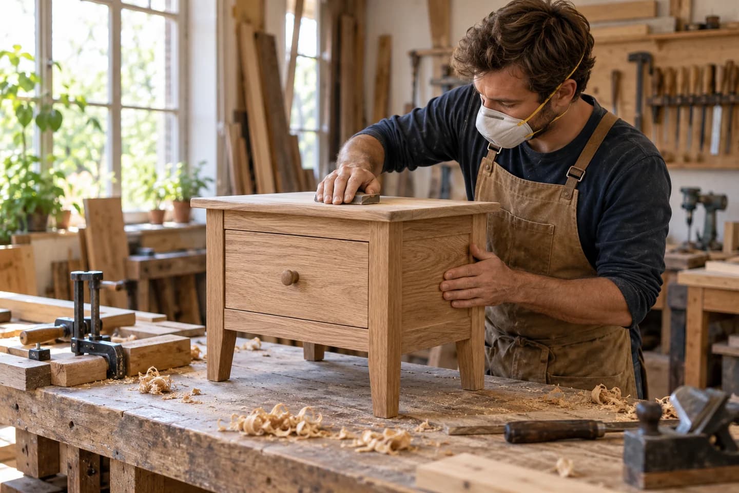 Cabinetmaker sanding a small storage cabinet