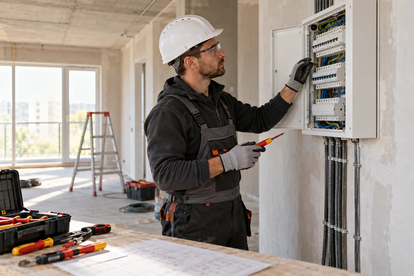Électricien inspectant un tableau hors tension